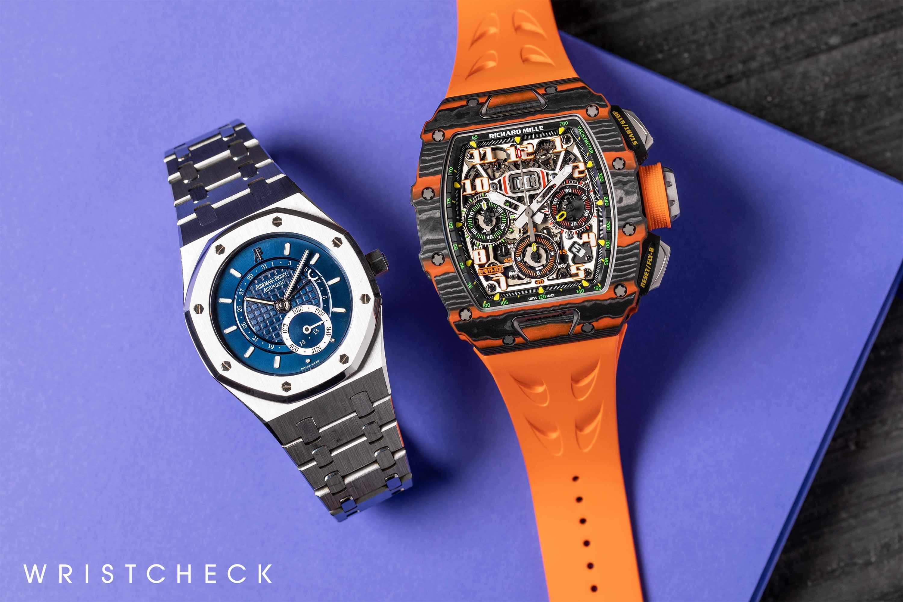 Left: Royal Oak Annual Calendar ref. 25920, Richard Mille RM11-03 McLaren Automatic Flyback Chronograph