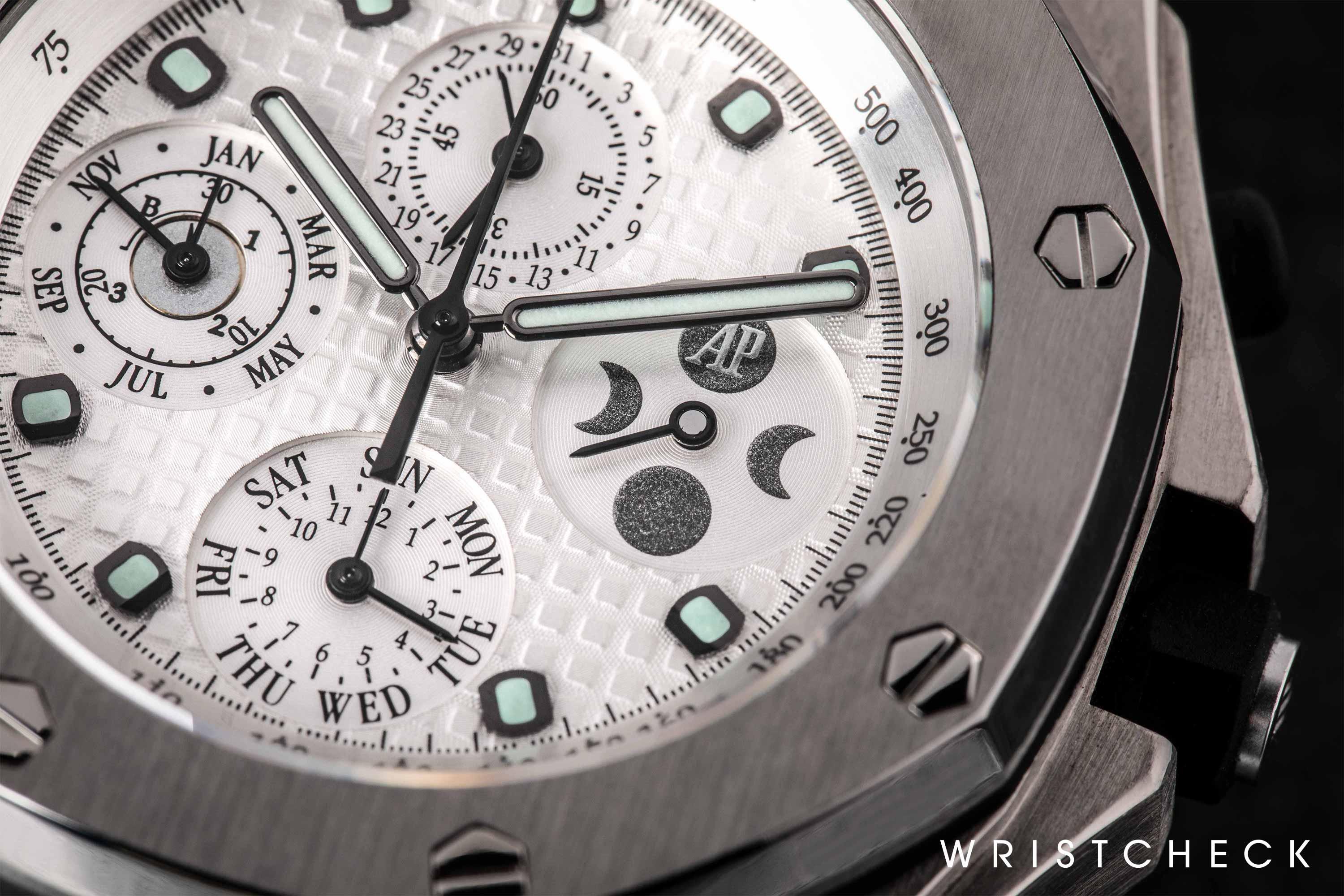 Perpetual calendar, moon phase and chronograph