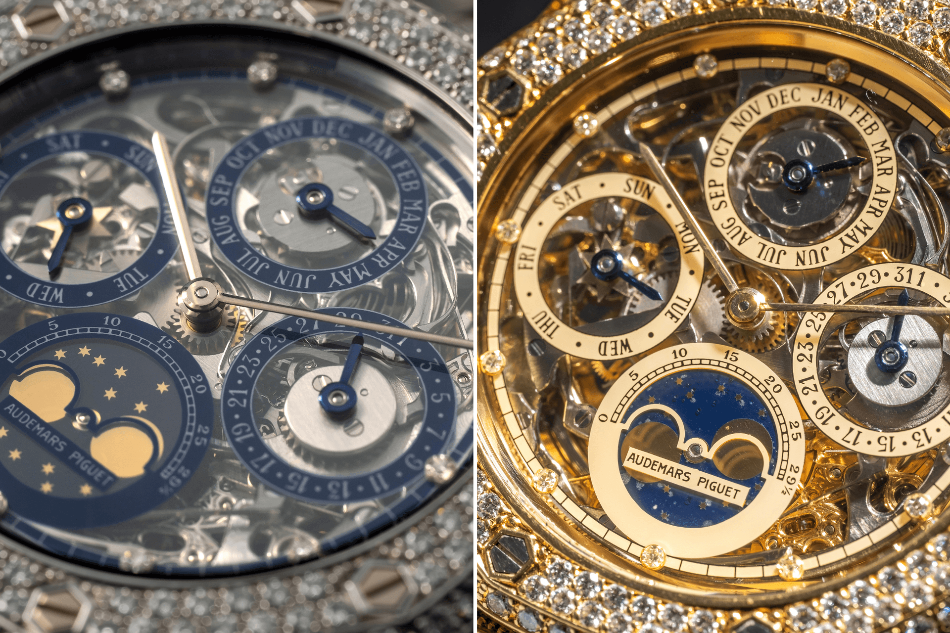 From 1988 to 1995, a totally gem set openwork perpetual calendar, Audemars Piguet Ref. 25659, was made in only four pieces, three in yellow gold and one in platinum