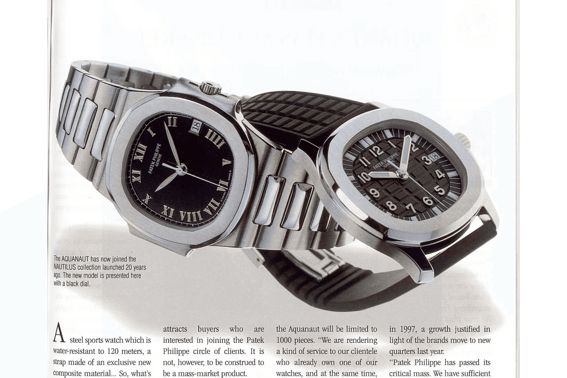 A clipping from Europa Star (Issue 224, 1997) showing a Nautilus (left) and the Aquanaut 5060S (right) Photo: Europa Star.png