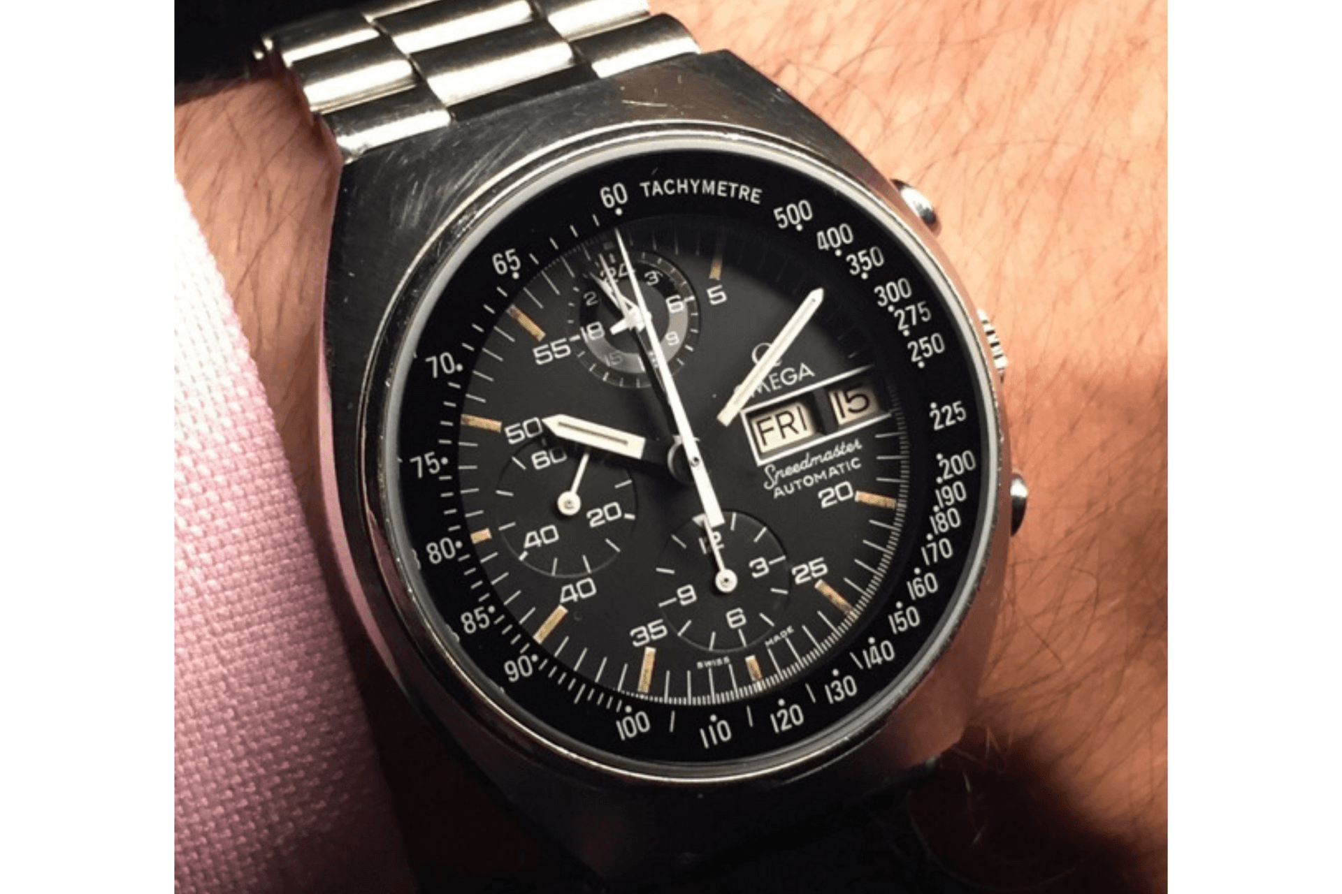 Pictured is an OMEGA Speedmaster with a George Daniels Co-Axial escapement prototype, made by George Daniels himself at his workshop Photo: WatchProSite