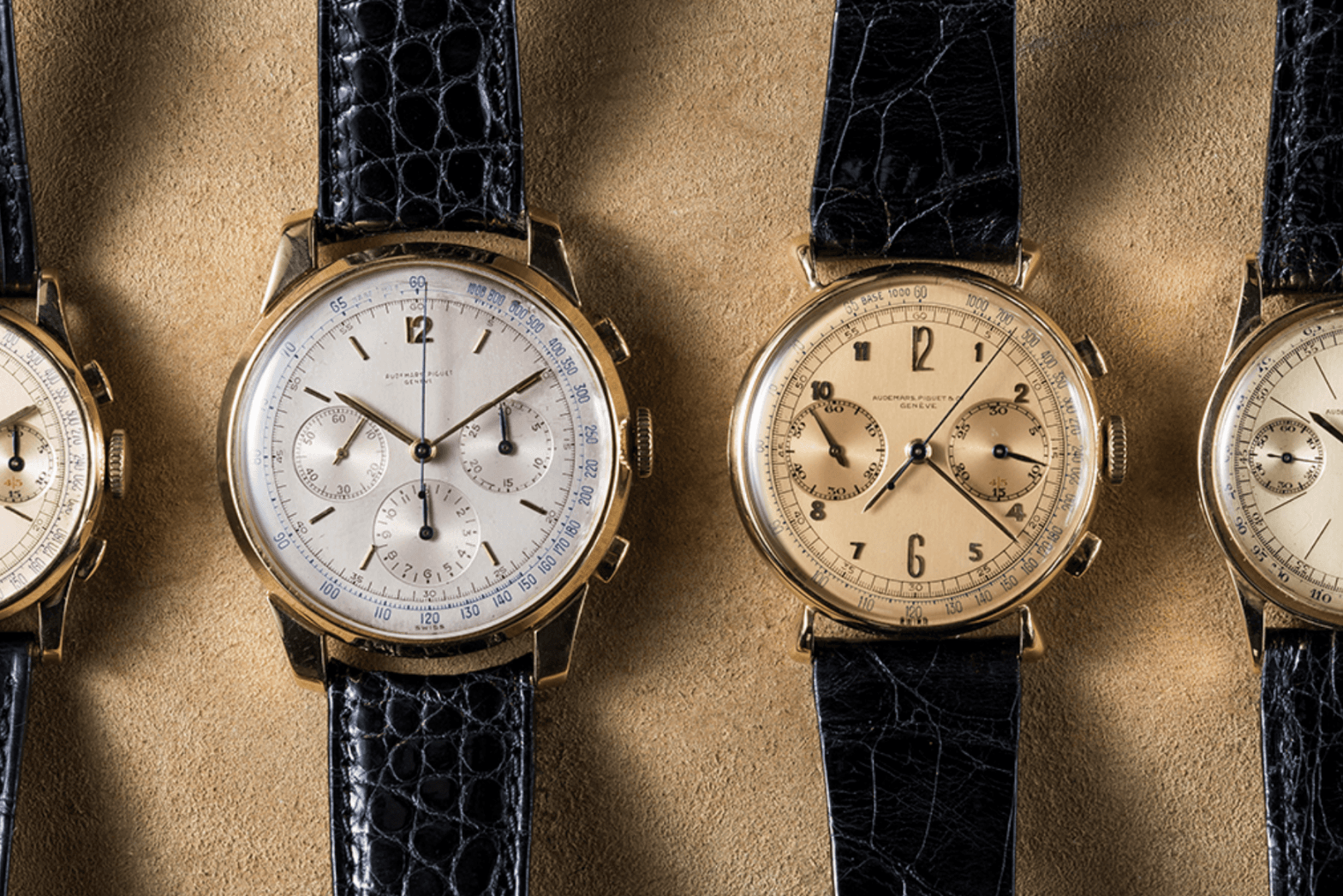 Four vintage chronographs of various designs including the model 5522 (second from the left),  the only known vintage AP chronograph in a 40mm case, image copyright Bexsonn