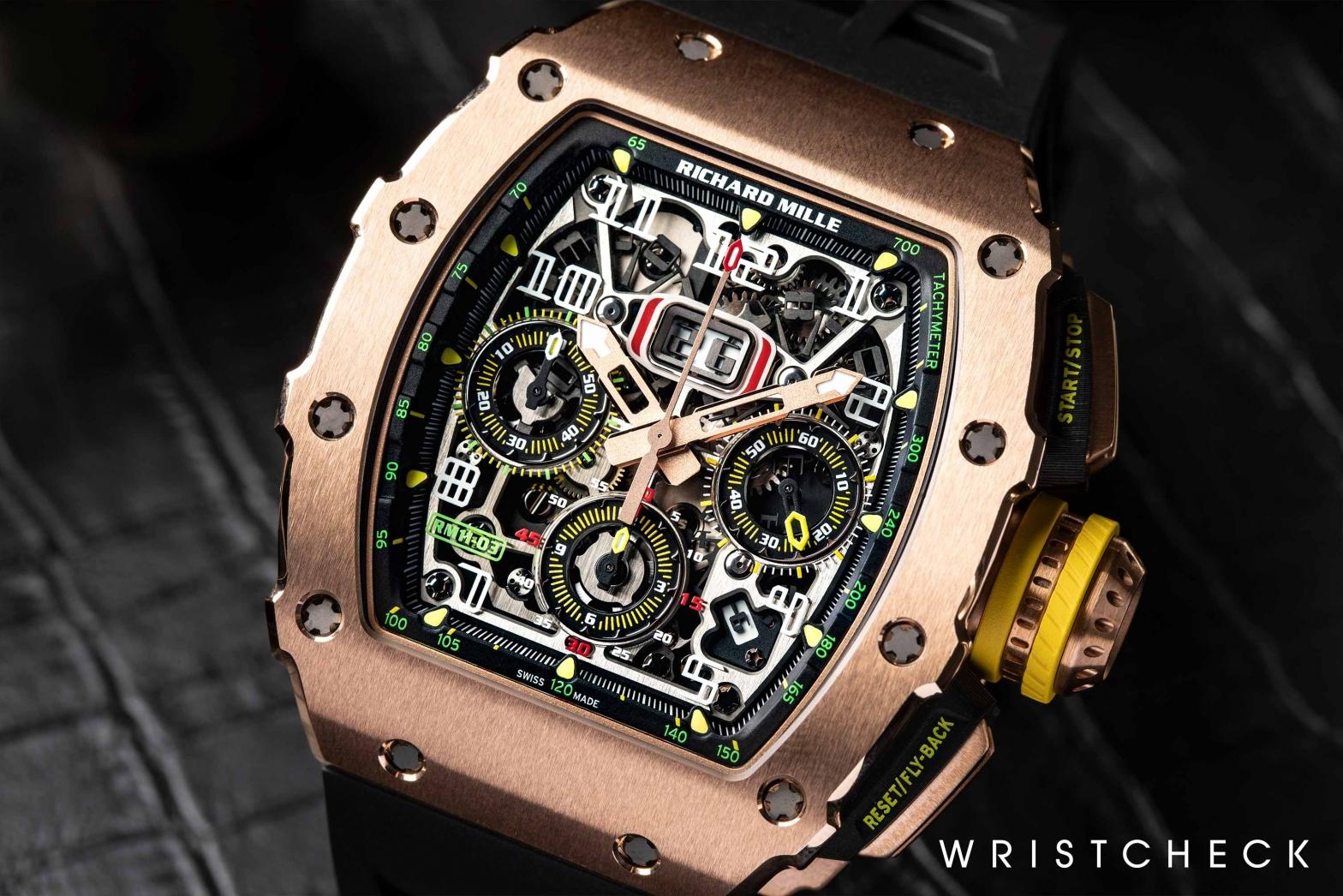 The Richard Mille RM 11-03 Flyback Chronograph in rose gold with a skeletonized dial