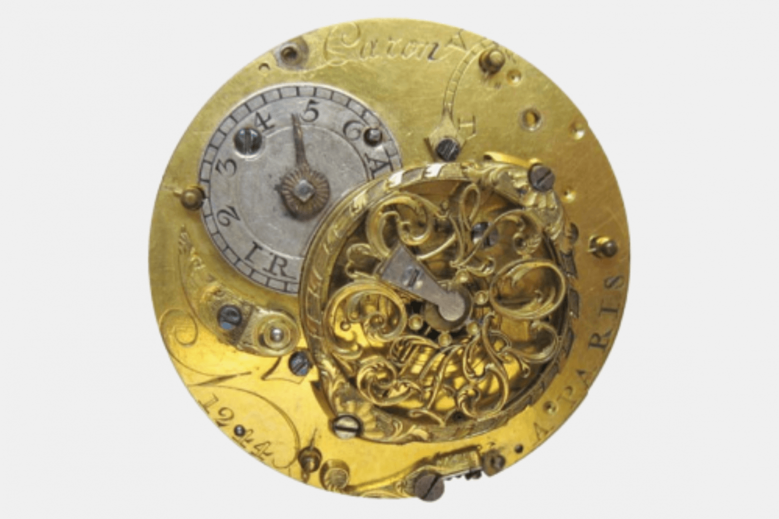 A view of the balance-cock side of the watch movement no. 1244 by André Charles Caron, circa 1750.