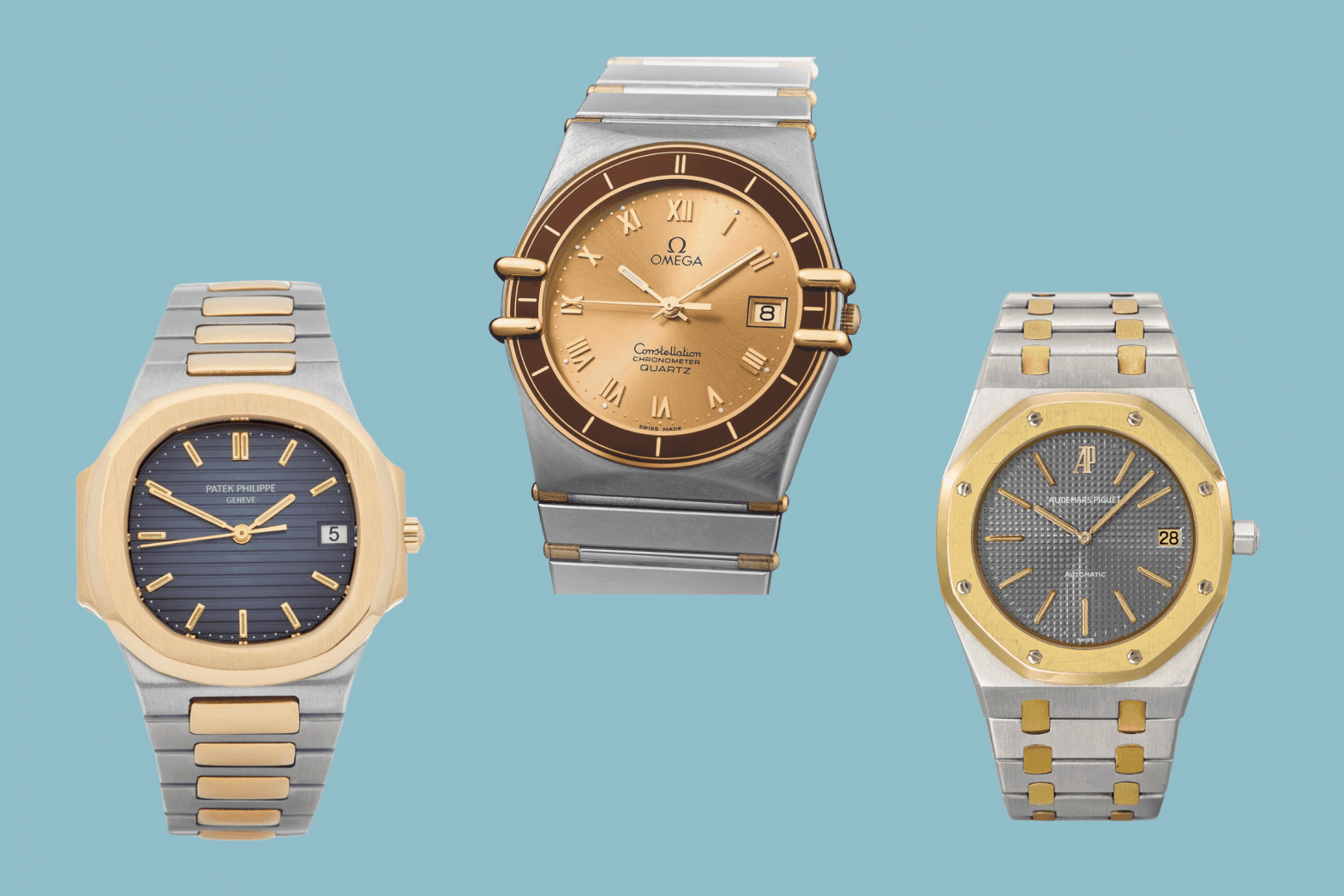 AP, Patek Philippe Nautilus Stainless Steel and Yellow Gold and OMEGA Constellation