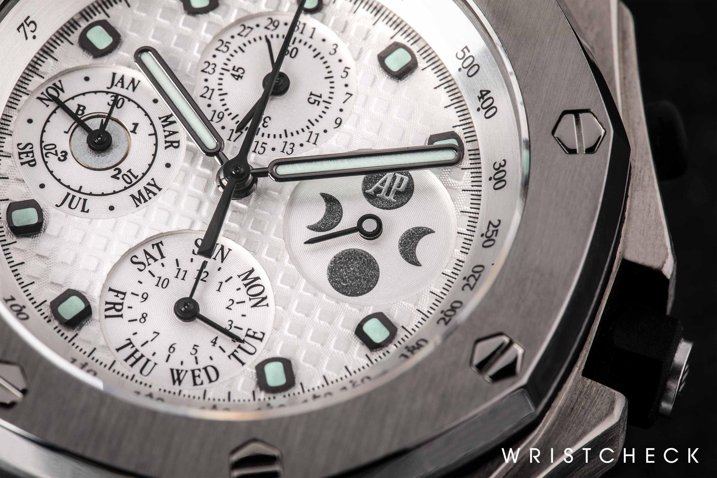 Perpetual calendar, moon phase and chronograph